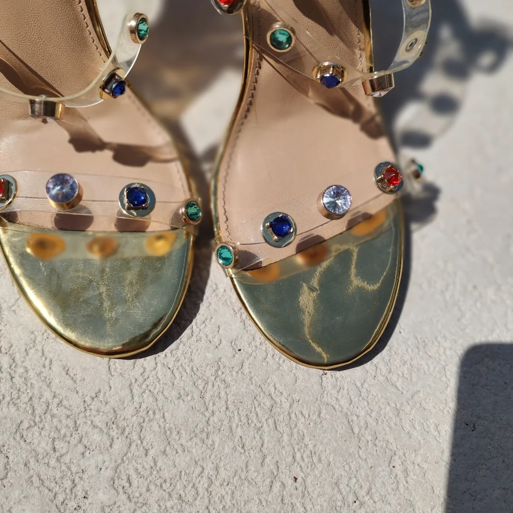 Dainty Minimal Gold Heels With Colorful Stones On Straps - Picture 13 of 14